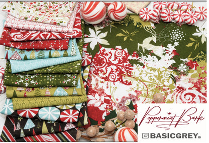 Collection of Christmas-themed fabric swatches with peppermints and BasicGrey branding.