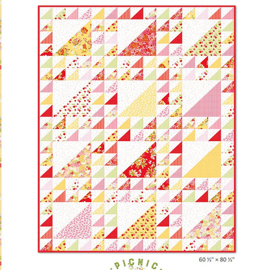 Quilt pattern fat quarter throw, patchwork picnic triangles in red, yellow, cream (60 in x 80 in)