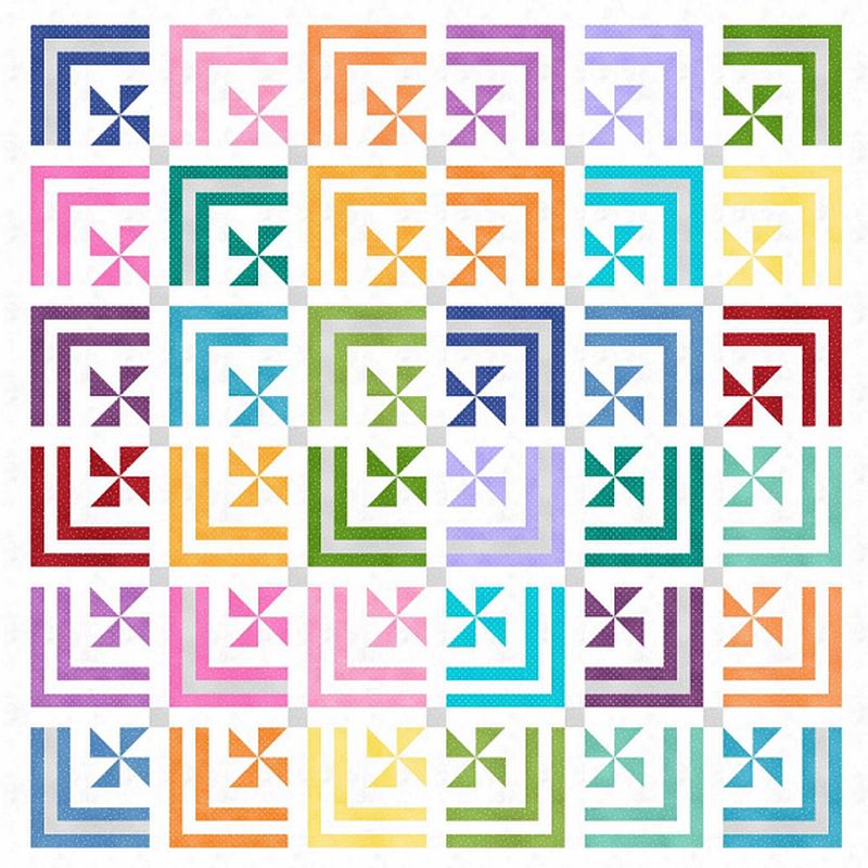 Colorful geometric quilt pattern layout with repeating pinwheel blocks in squares