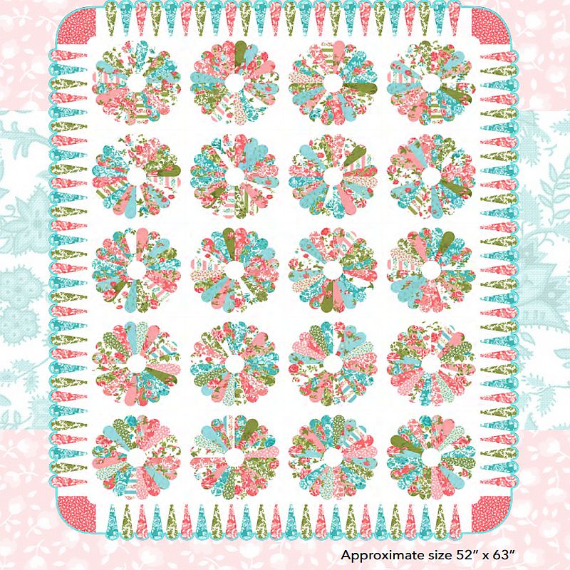 Floral posies quilt pattern with multicolor rosette blocks and scalloped border