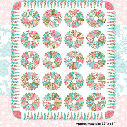 Floral posies quilt pattern with multicolor rosette blocks and scalloped border