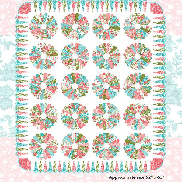 Floral posies quilt pattern with multicolor rosette blocks and scalloped border