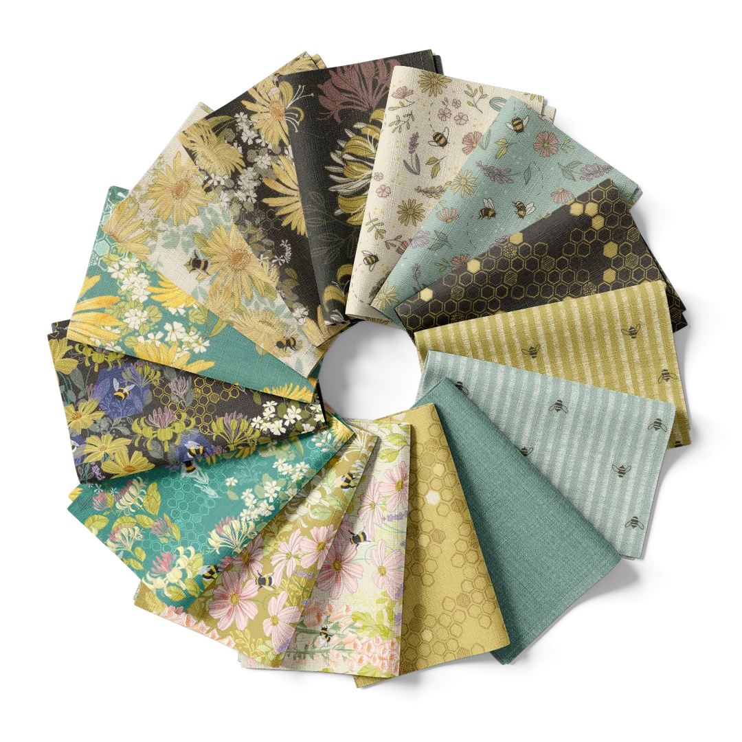Assorted fabric charm pack with mixed floral, bee, and hexagon prints