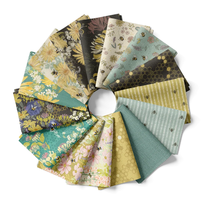 Assorted fabric charm pack with mixed floral, bee, and hexagon prints