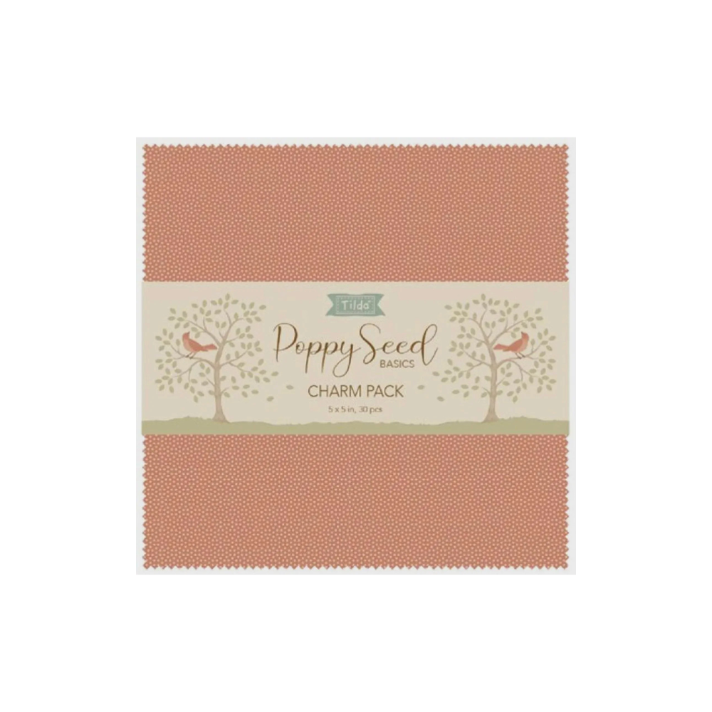 Charm pack of 5-inch squares in terracotta and cream polka-dot prints