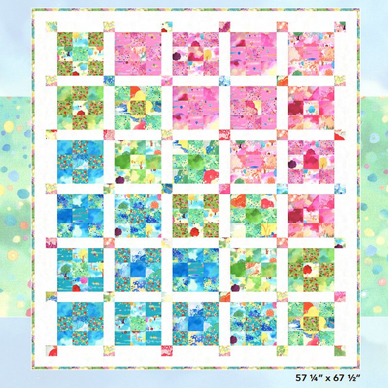 Patchwork quilt top design, colorful fabric blocks with white borders and sashing