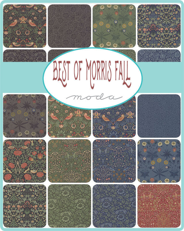 Assorted Moda Morris Fall 5-inch charm squares with dark floral and leaf prints.