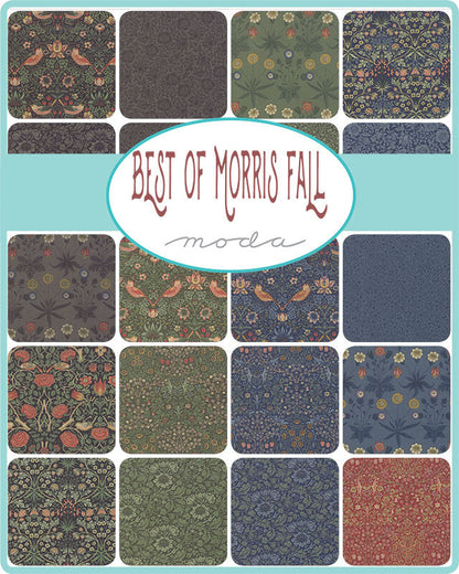 Assorted Moda Morris Fall 5-inch charm squares with dark floral and leaf prints.