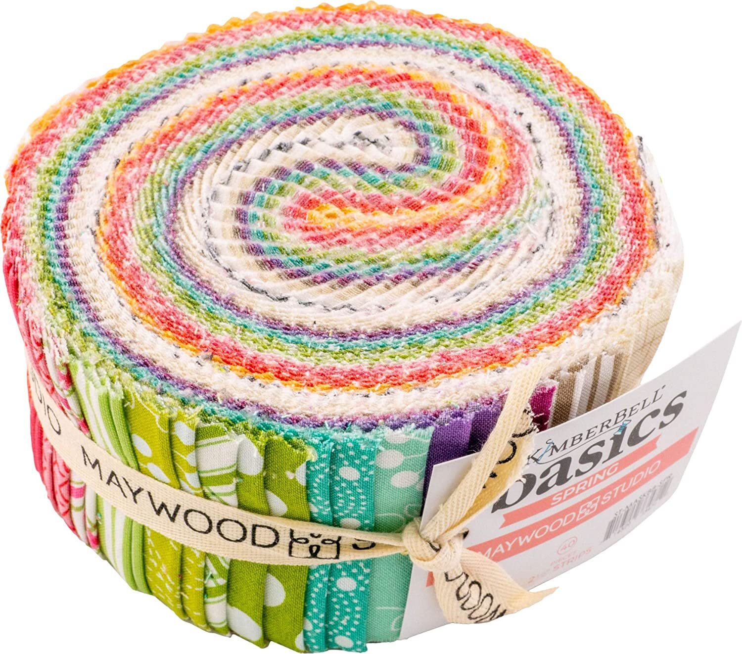 Kimberbell Basics Spring Jelly Roll by Maywood Studio featuring fresh spring-inspired dots, ginghams and colourful blender quilting fabrics.