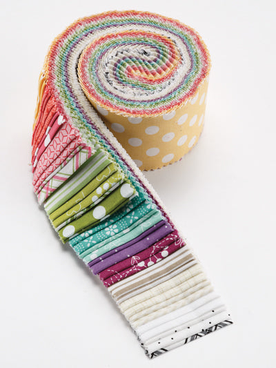 Kimberbell Basics Spring Jelly Roll by Maywood Studio featuring fresh spring-inspired dots, ginghams and colourful blender quilting fabrics.