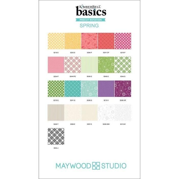 Kimberbell Basics Spring Jelly Roll by Maywood Studio featuring fresh spring-inspired dots, ginghams and colourful blender quilting fabrics.