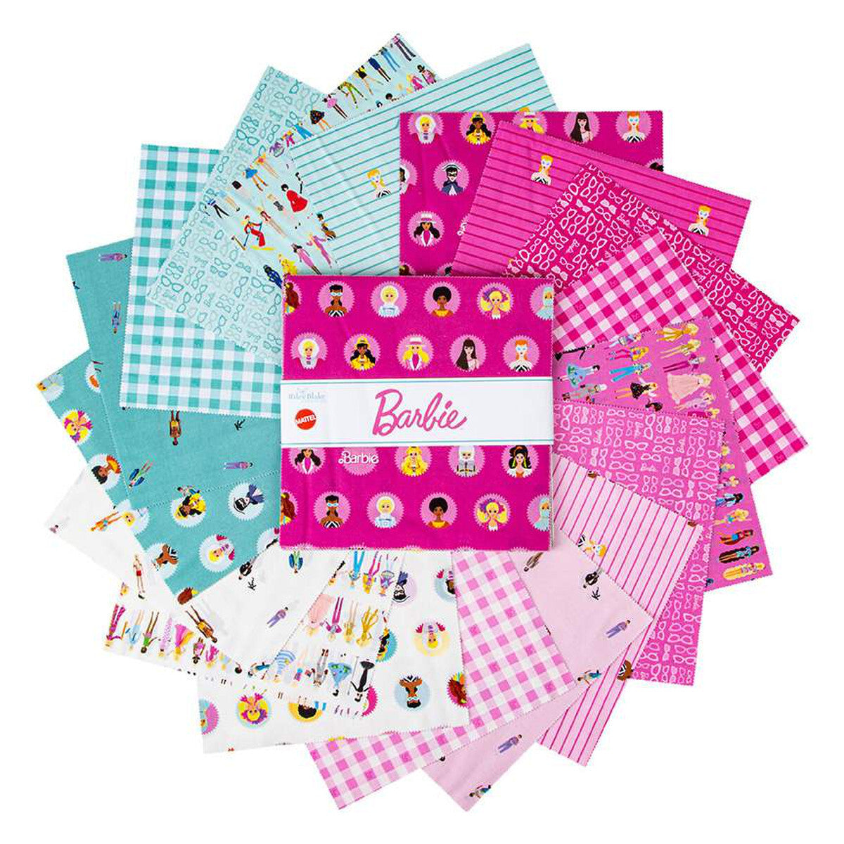 Mixed Barbie-themed quilt fabric squares stack in pink, aqua, and white with icons and stripes