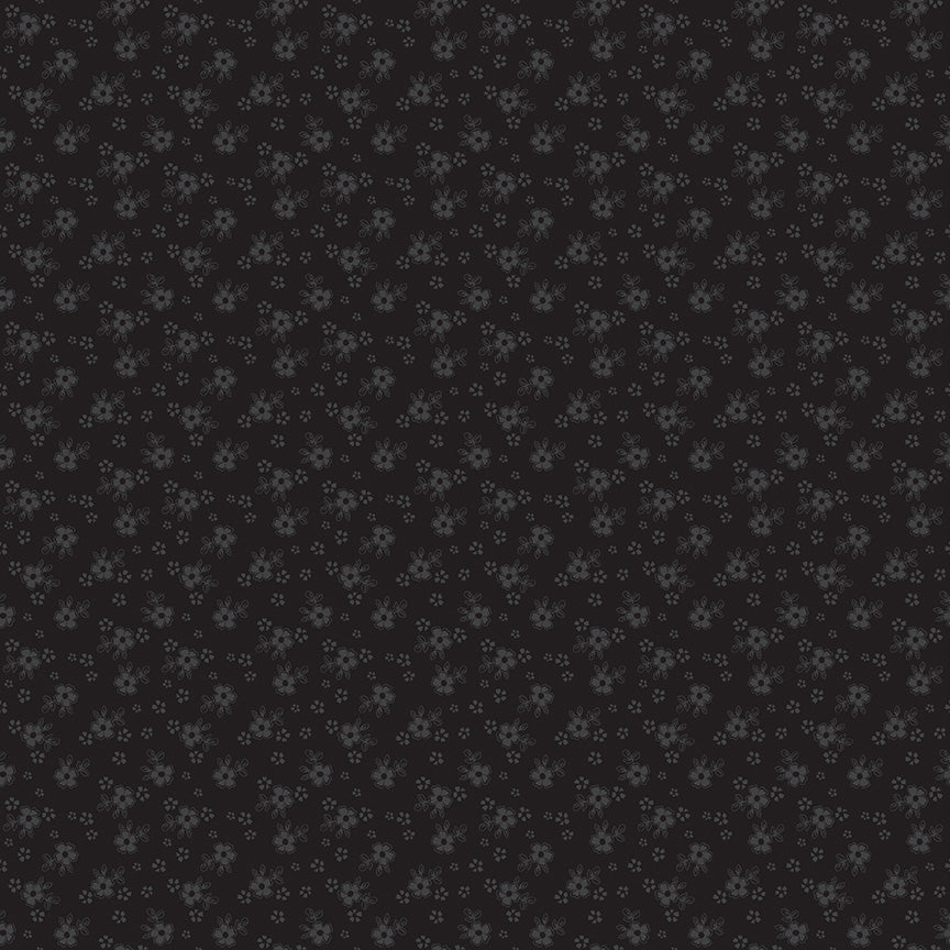 Black tonal calico floral fabric yardage with small repeating flower pattern