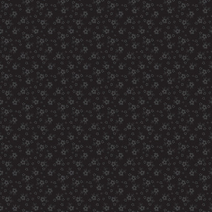 Black tonal calico floral fabric yardage with small repeating flower pattern