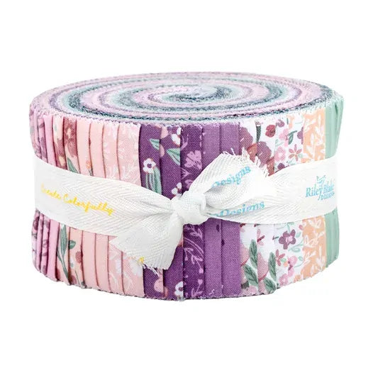 Riley Blake Buds and Butterflies Rolie Polie Jelly Roll containing 40 coordinating 2.5 inch fabric strips
