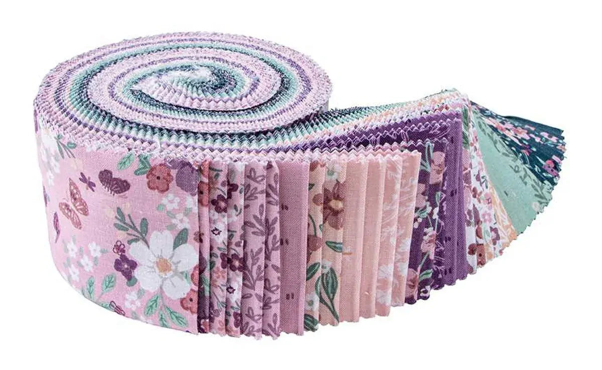 Roll of fabric with floral patterns on a white background
