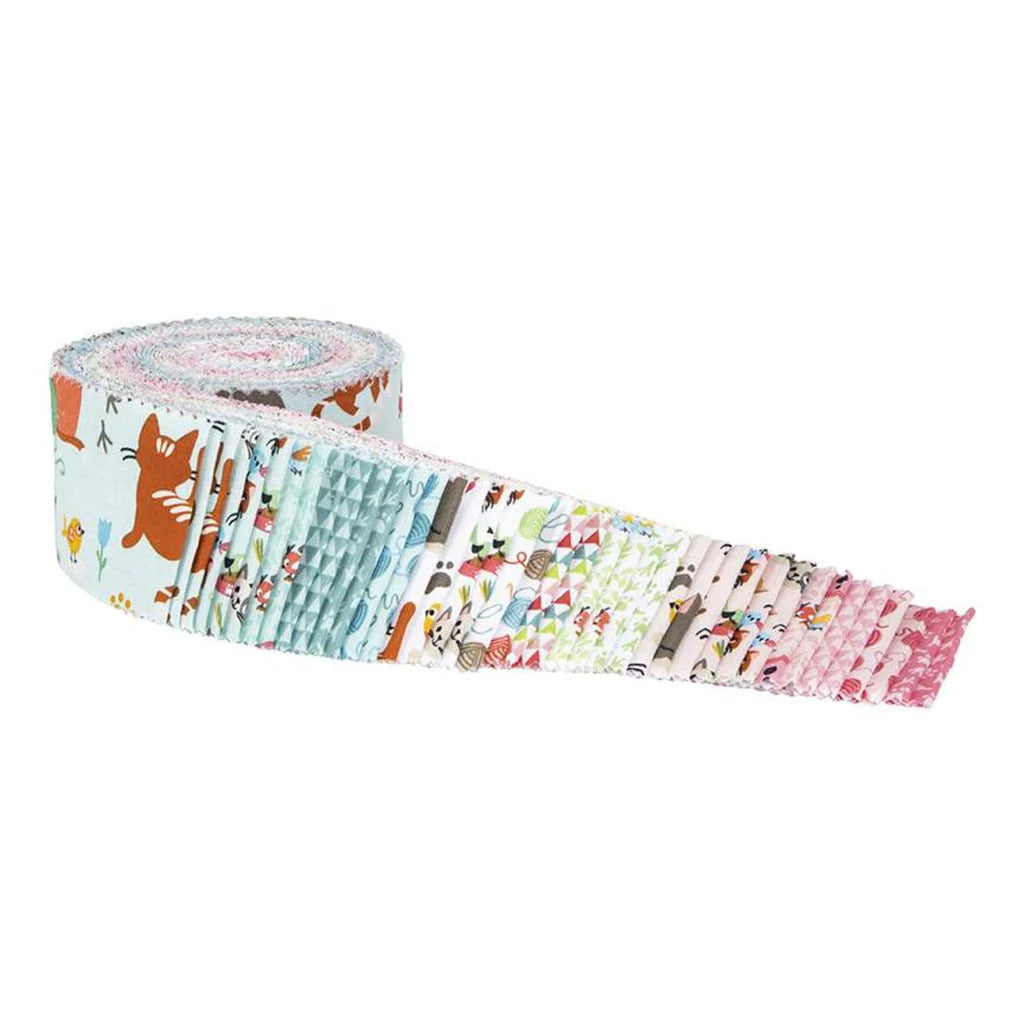 Riley Blake Cat's Meow jelly roll showing cat fabric strip detail and playful patterns