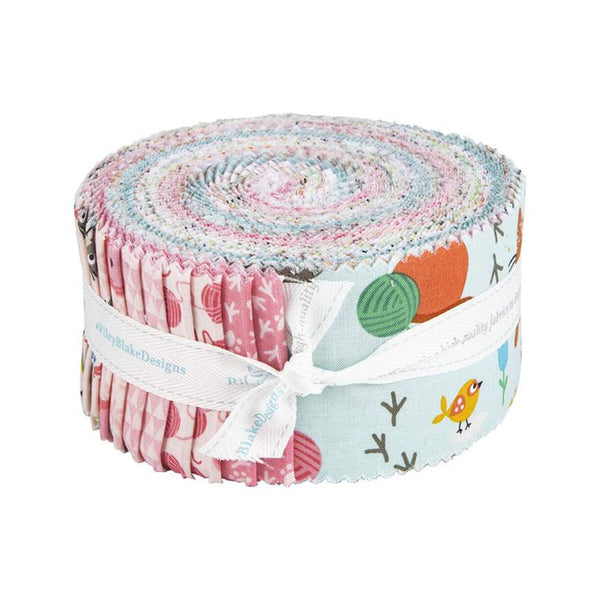 Rolled 2.5 in jelly roll fabric bundle with pastel cat, bird, and woodland prints