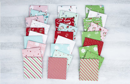 Riley Blake Christmas Pixie Noel 2 Fat Quarter Bundle featuring whimsical vintage-inspired Christmas quilting fabrics by Tasha Noel.