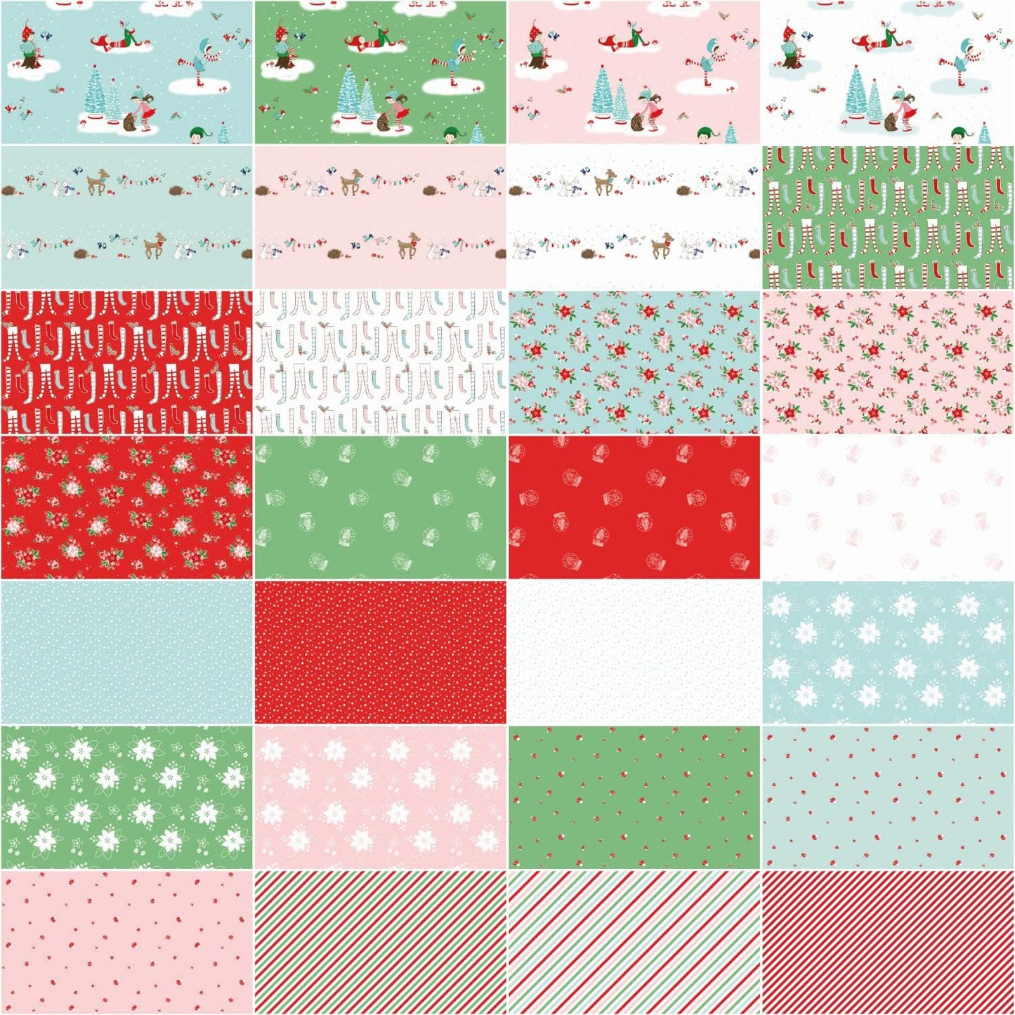 Riley Blake Christmas Pixie Noel 2 Fat Quarter Bundle featuring whimsical vintage-inspired Christmas quilting fabrics by Tasha Noel.