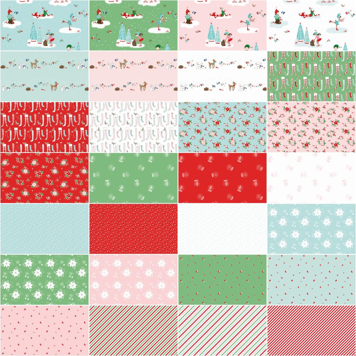 Riley Blake Christmas Pixie Noel 2 Fat Quarter Bundle featuring whimsical vintage-inspired Christmas quilting fabrics by Tasha Noel.