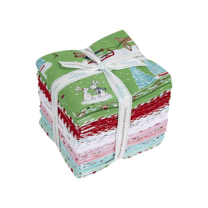 Pixie Noel 2 Fat Quarter Bundle with festive pixies, reindeer, florals and retro holiday prints in soft Christmas colours for quilting and sewing.