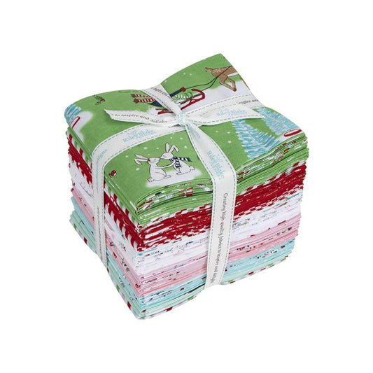 Pixie Noel 2 Fat Quarter Bundle with festive pixies, reindeer, florals and retro holiday prints in soft Christmas colours for quilting and sewing.