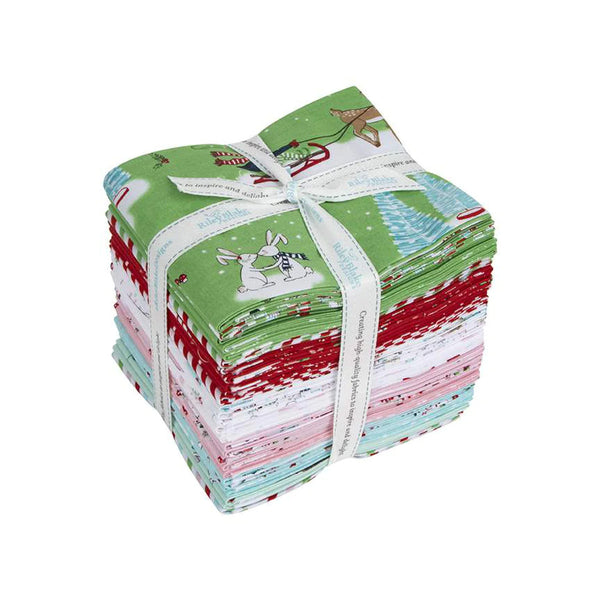 Pixie Noel 2 Fat Quarter Bundle with festive pixies, reindeer, florals and retro holiday prints in soft Christmas colours for quilting and sewing.