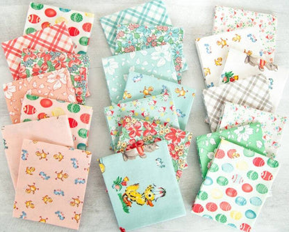 Collection of colorful fabric swatches with various patterns to celebrate Easter