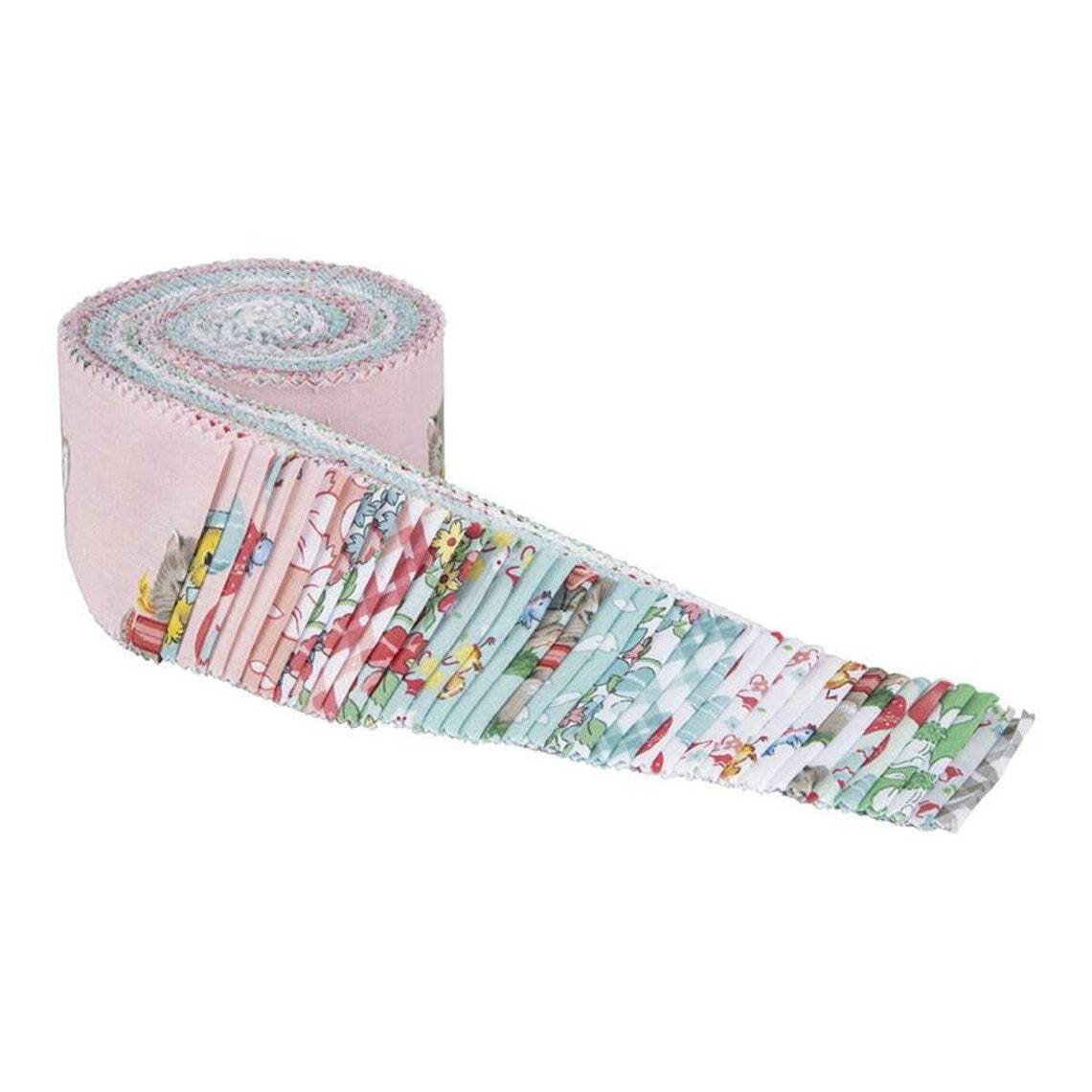 Riley Blake Easter Parade Rolie Polie featuring pastel Easter quilting fabrics in coordinated 2.5 inch precut strips.