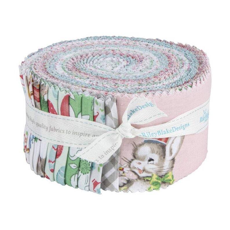 Riley Blake Easter Parade Rolie Polie featuring pastel Easter quilting fabrics in coordinated 2.5 inch precut strips.