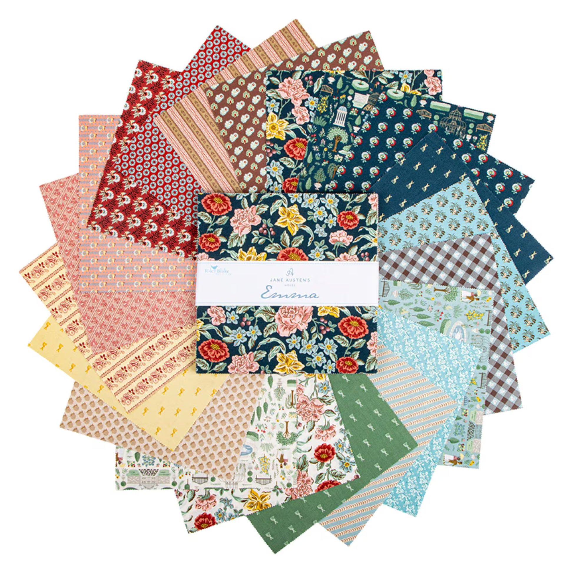 Riley Blake Emma 10 Inch Stacker containing 42 coordinating fabric squares
