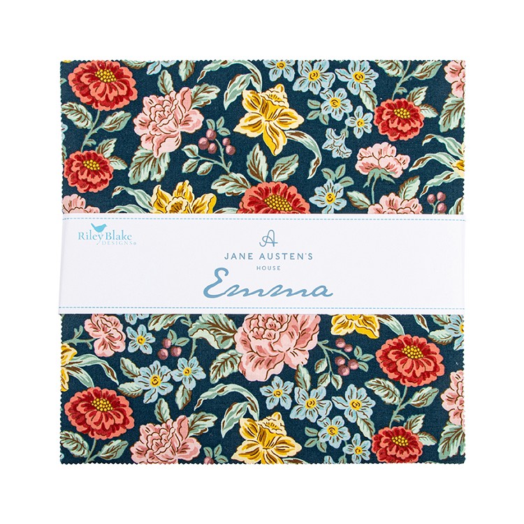 Floral fabric with 'Jane Austen's Emma' design on a white background