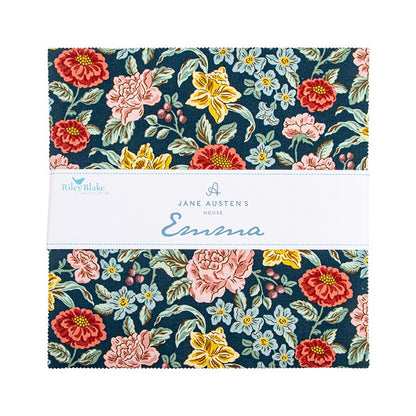 Floral fabric with 'Jane Austen's Emma' design on a white background