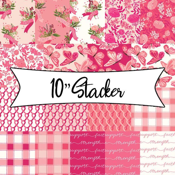 Collection of pink and white patterned paper stacks with '10" Stacker' text.