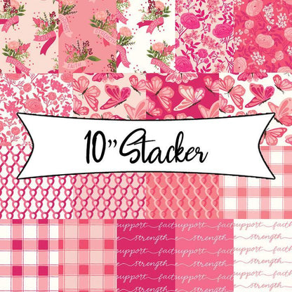 Collection of pink and white patterned paper stacks with '10" Stacker' text.
