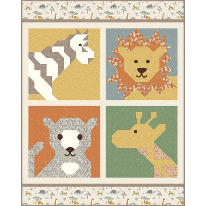 Safari animal boxed quilt top with four square prints in orange, green, cream