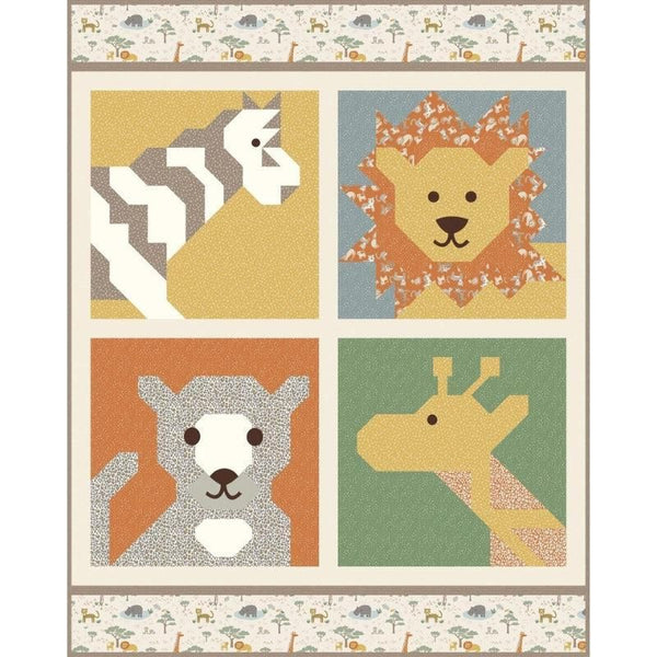 Safari animal boxed quilt top with four square prints in orange, green, cream