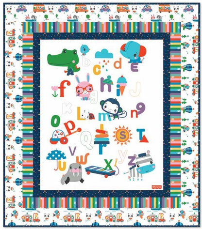 Children's quilt panel with animals, robots, and alphabet letters in bright colors