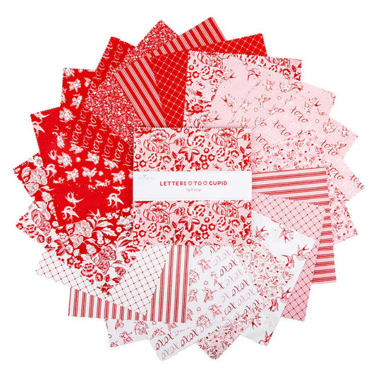 Riley Blake Letters to Cupid 10 Inch Stacker containing 42 coordinating fabric squares
