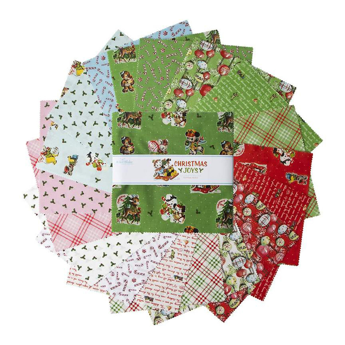 Christmas fabric stack with green and red character prints, plaid, and snowflake icons