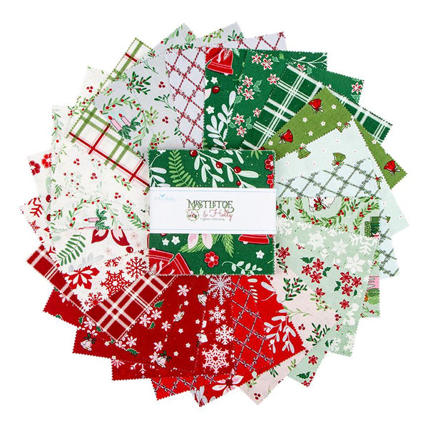 Riley Blake Mistletoe and Holly 5 Inch Stacker containing 42 coordinating fabric squares