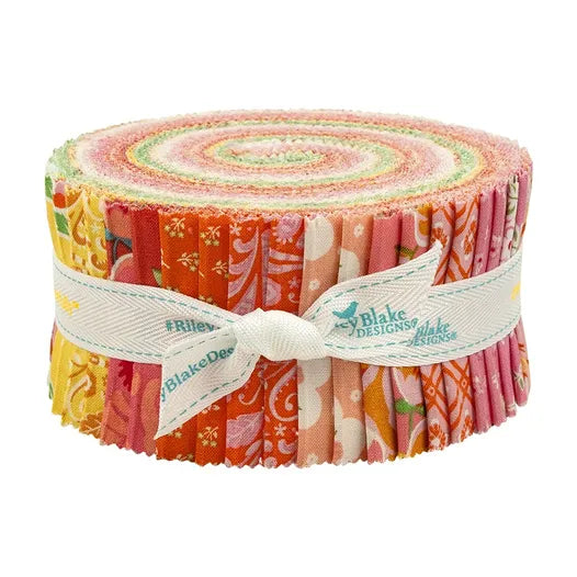 Riley Blake Peach Cobbler Rolie Polie Jelly Roll containing 40 coordinating 2.5 inch fabric strips