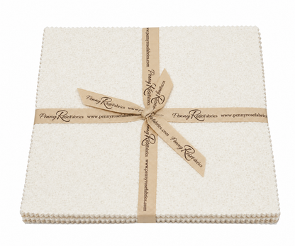 Cream fabric 10-inch stack of daisy prints, tied with brown ribbon and labels