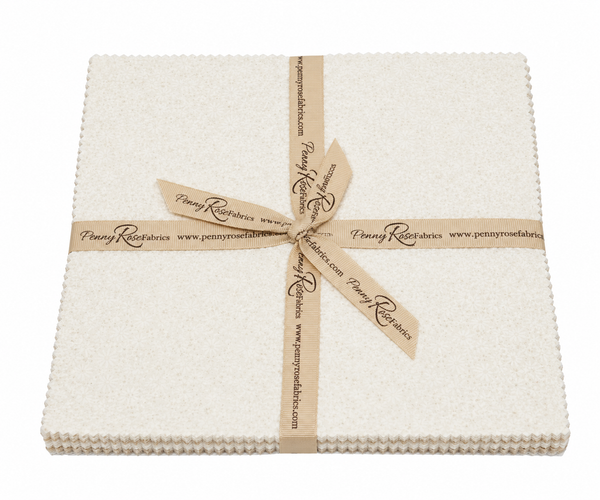 Cream fabric 10-inch stack of daisy prints, tied with brown ribbon and labels