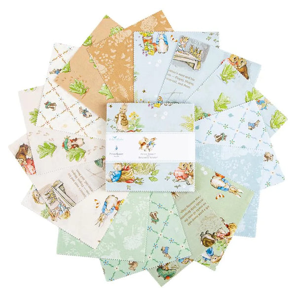 Riley Blake Peter Rabbit and Benjamin Bunny 5 Inch Stacker containing 42 coordinating fabric squares


