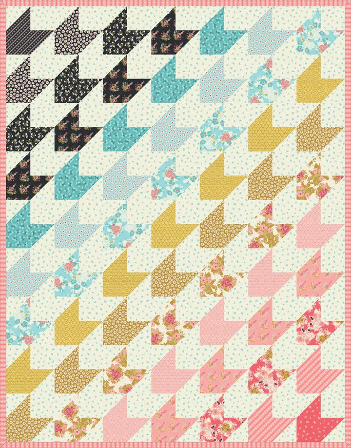 Pretty chevron quilt top with pink, teal, yellow and white triangle pattern