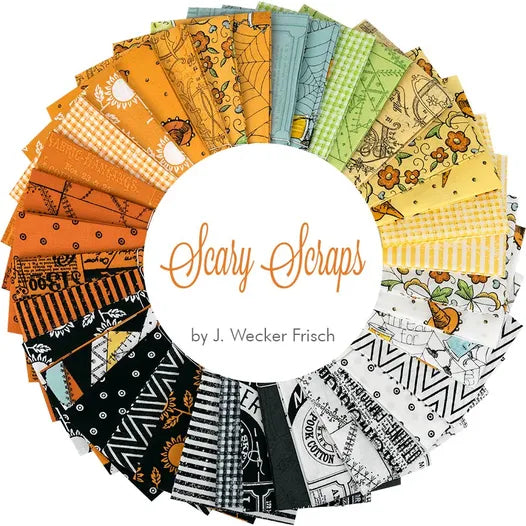 Collection of Halloween-themed fabric scraps arranged in a circular pattern with 'Scary Scraps' branding.