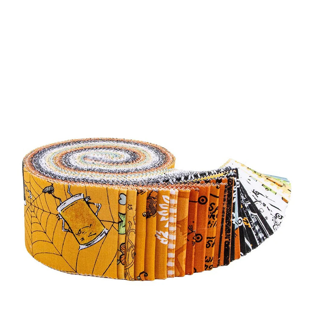 Scary Scraps fabric collection by Riley Blake featuring Halloween themed prints and spooky designs
in a jelly roll