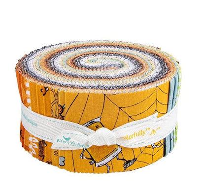 Riley Blake Scary Scraps Rolie Polie Jelly Roll containing 40 coordinating 2.5 inch fabric strips
